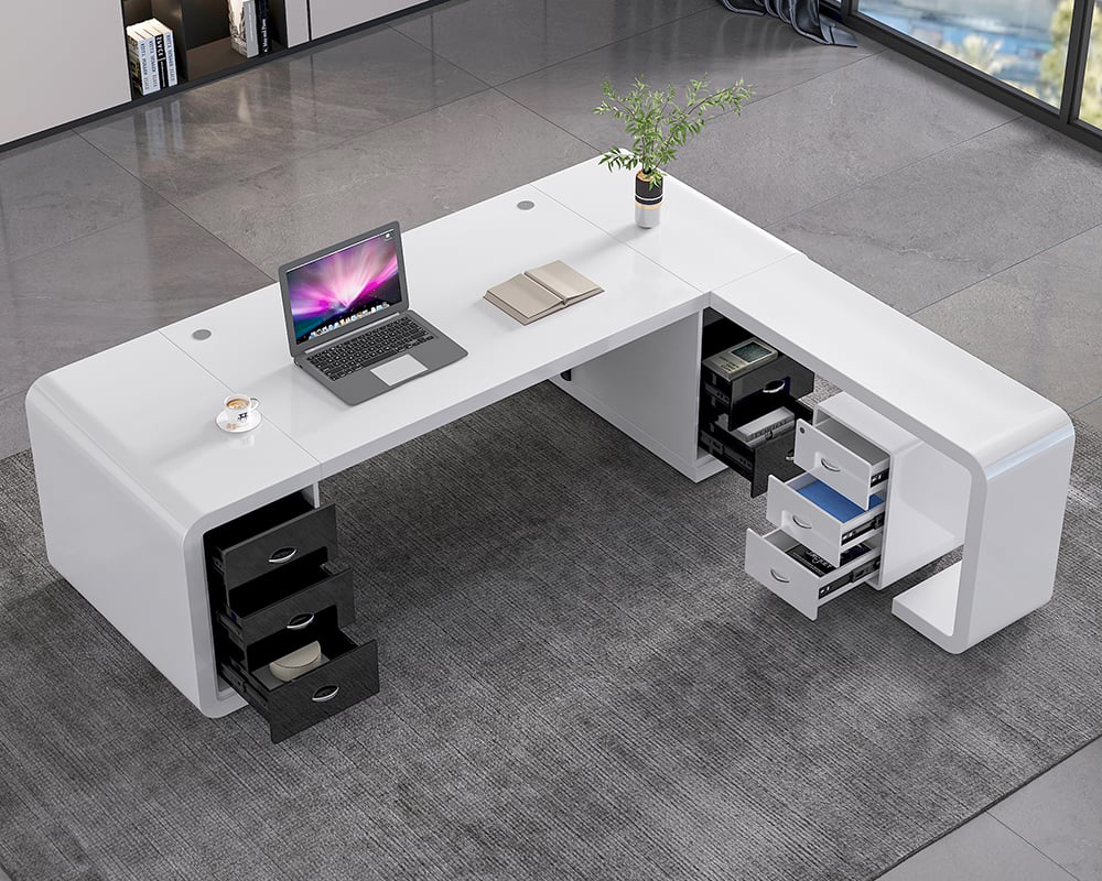 HMR L-Shaped Modern Executive Desk with Drawers - White/Black, Right Hand, 86.6"
