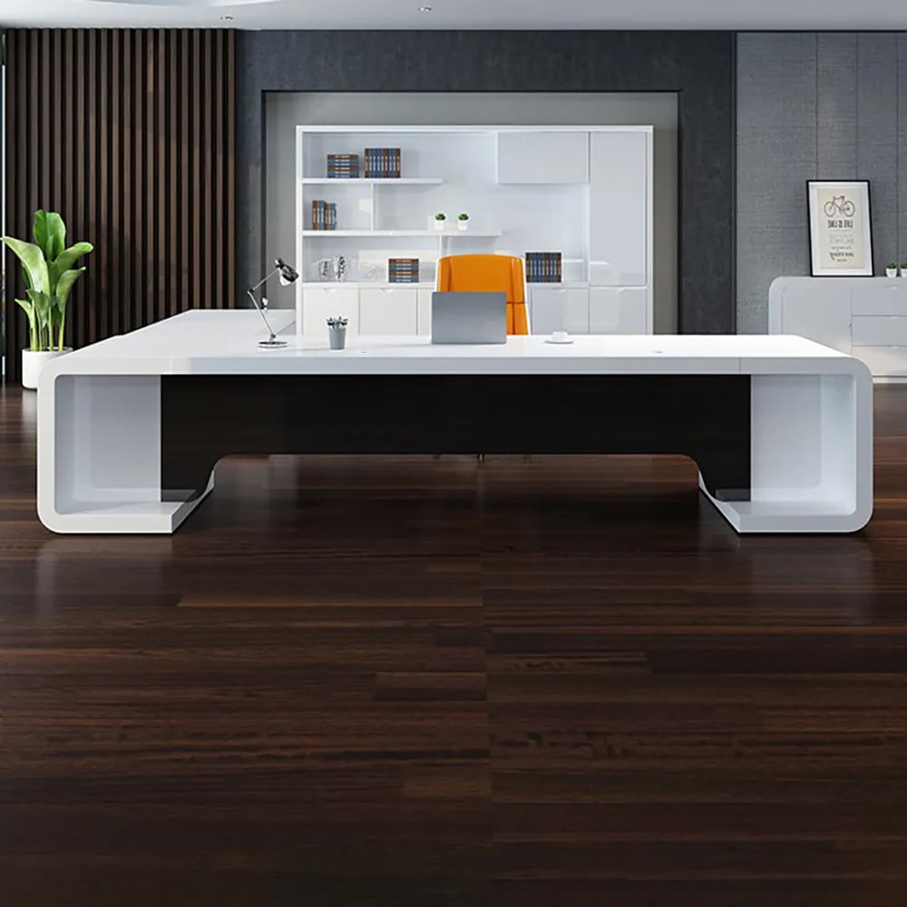 HMR L-Shaped Modern Executive Desk with Drawers - White/Black, Right Hand, 78.7"