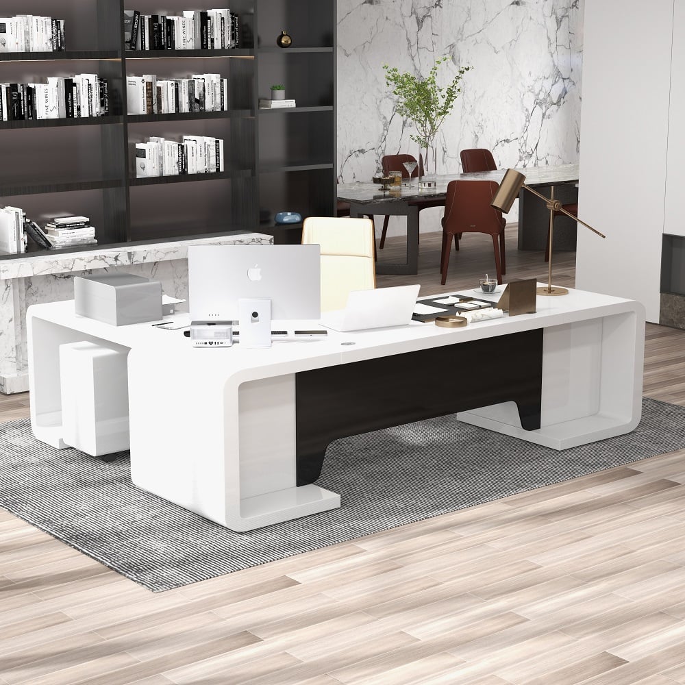 HMR L-Shaped Modern Executive Desk with Drawers - White/Black, Right Hand, 78.7"