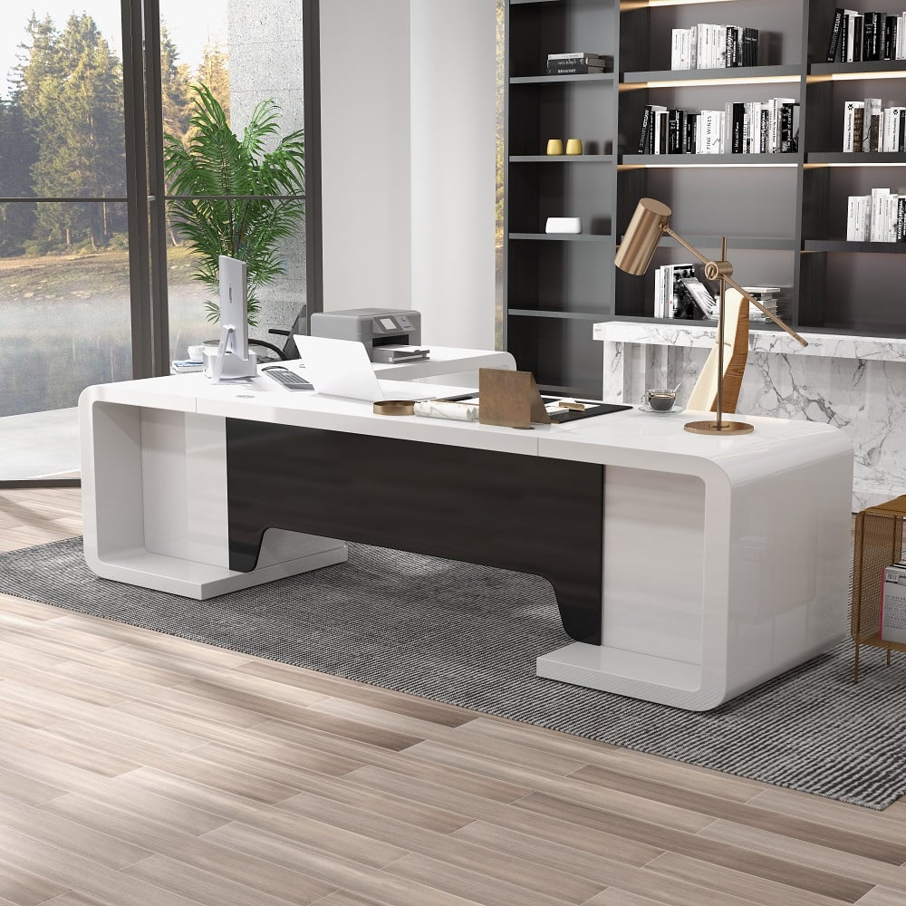 HMR L-Shaped Modern Executive Desk with Drawers - White/Black, Right Hand, 78.7"