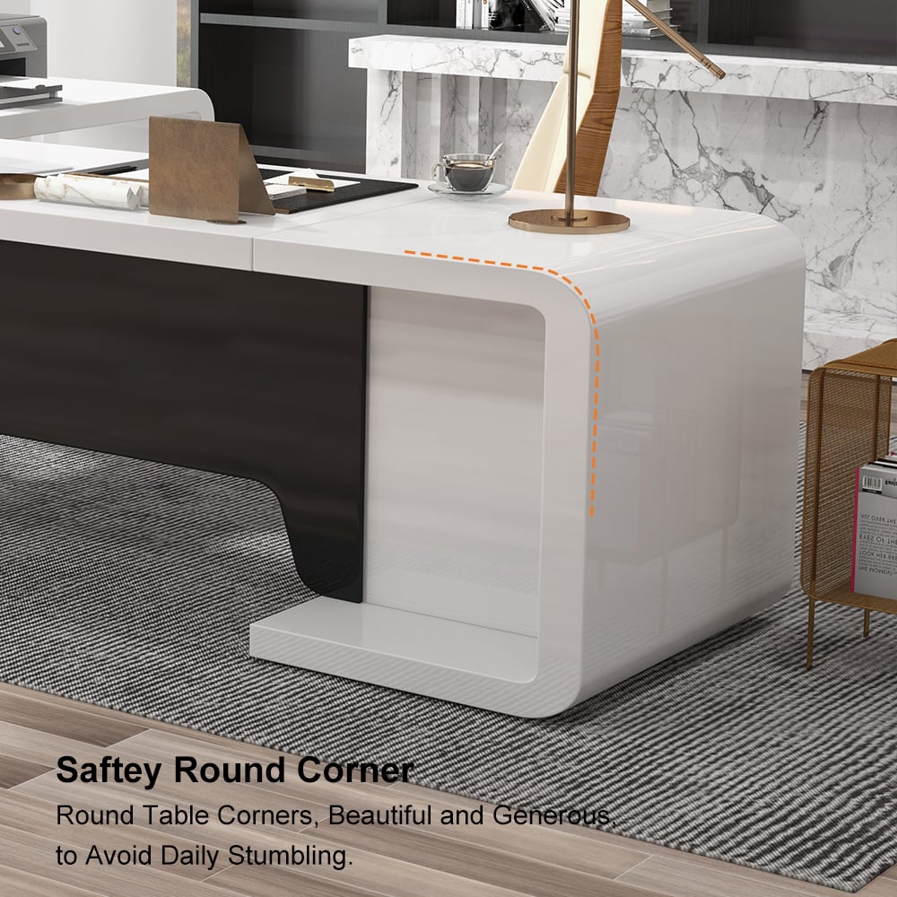 HMR L-Shaped Modern Executive Desk with Drawers - White/Black, Right Hand, 78.7"