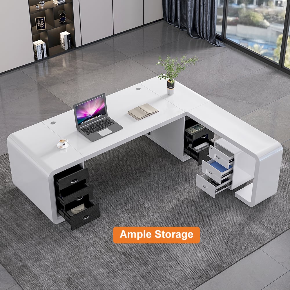 HMR L-Shaped Modern Executive Desk with Drawers - White/Black, Right Hand, 94.5"