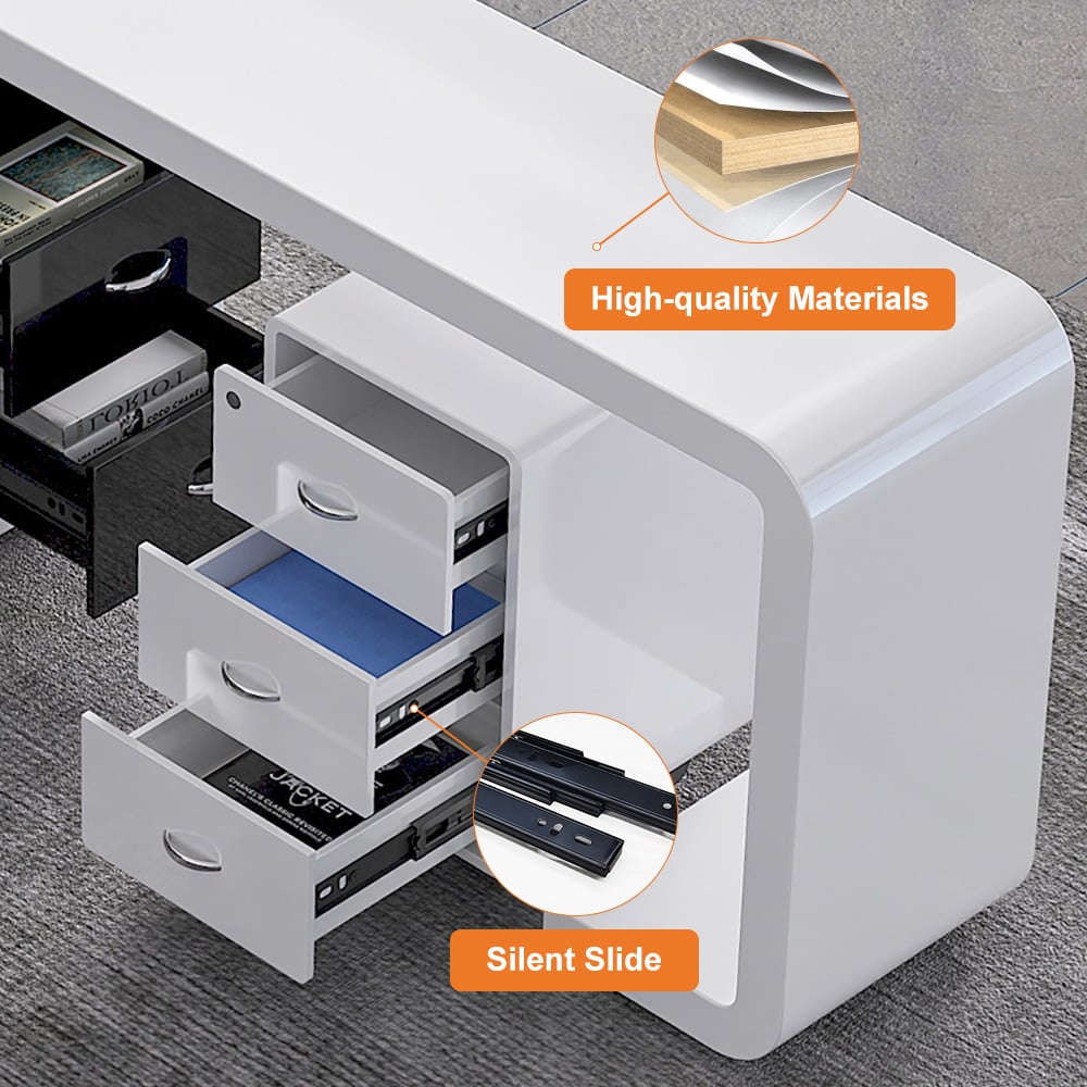 HMR L-Shaped Modern Executive Desk with Drawers - White/Black, Right Hand, 94.5"