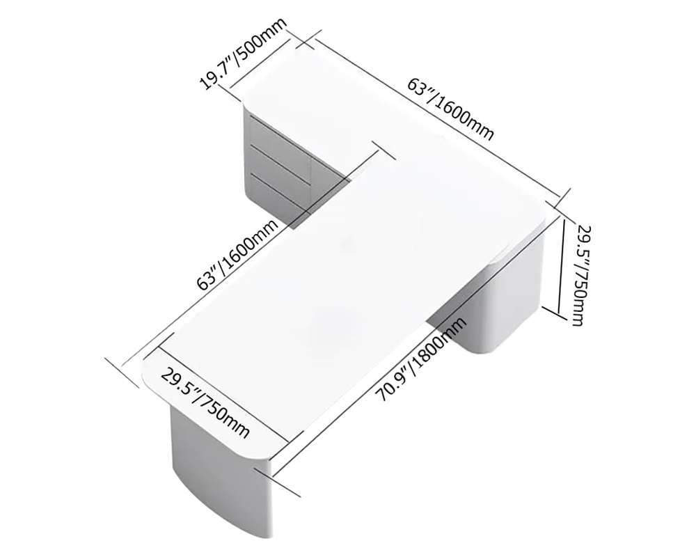 HMR L-Shape Executive Desk Large Home Office Desk Storage Drawers & Cabinet - White, Left Hand, 70.9"