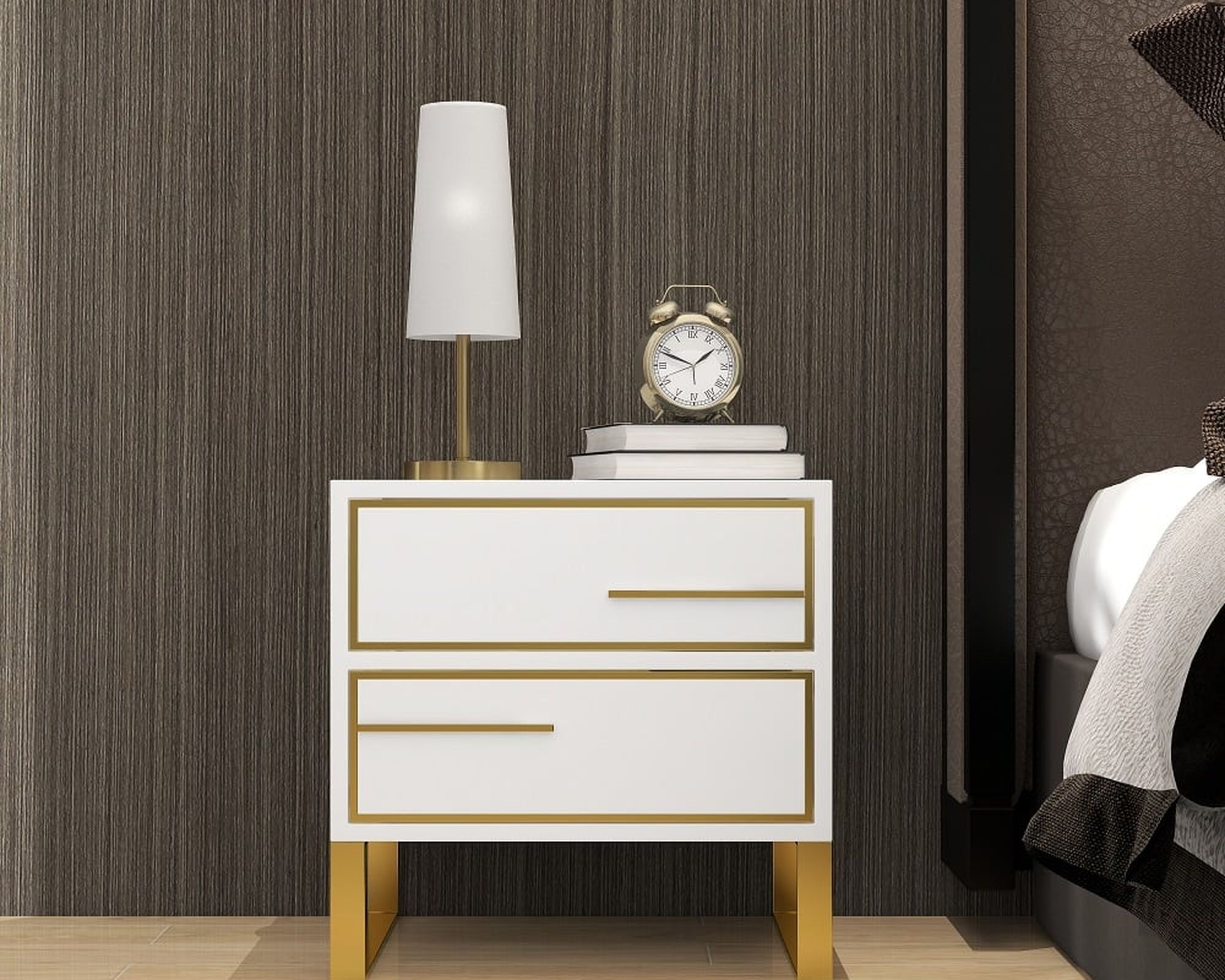 HMR - Lacquered 2-Drawer Nightstand with Golden Stainless Steel Legs in White