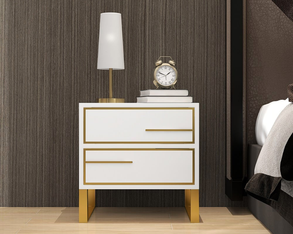 HMR - Lacquered 2-Drawer Nightstand with Golden Stainless Steel Legs in White