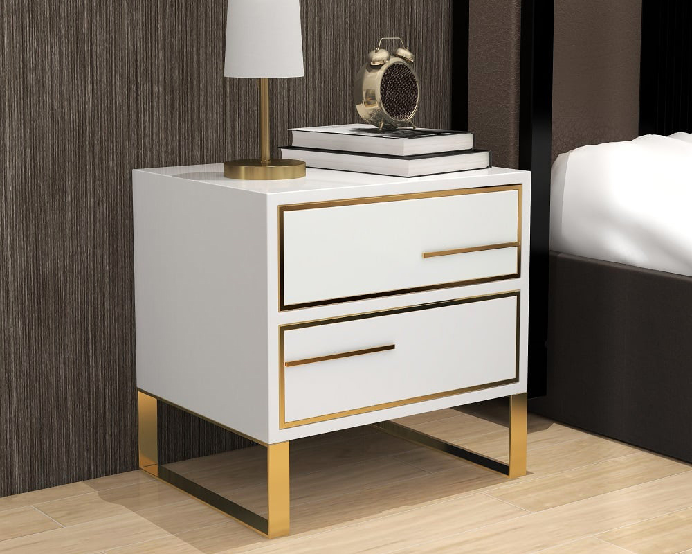 HMR - Lacquered 2-Drawer Nightstand with Golden Stainless Steel Legs in White