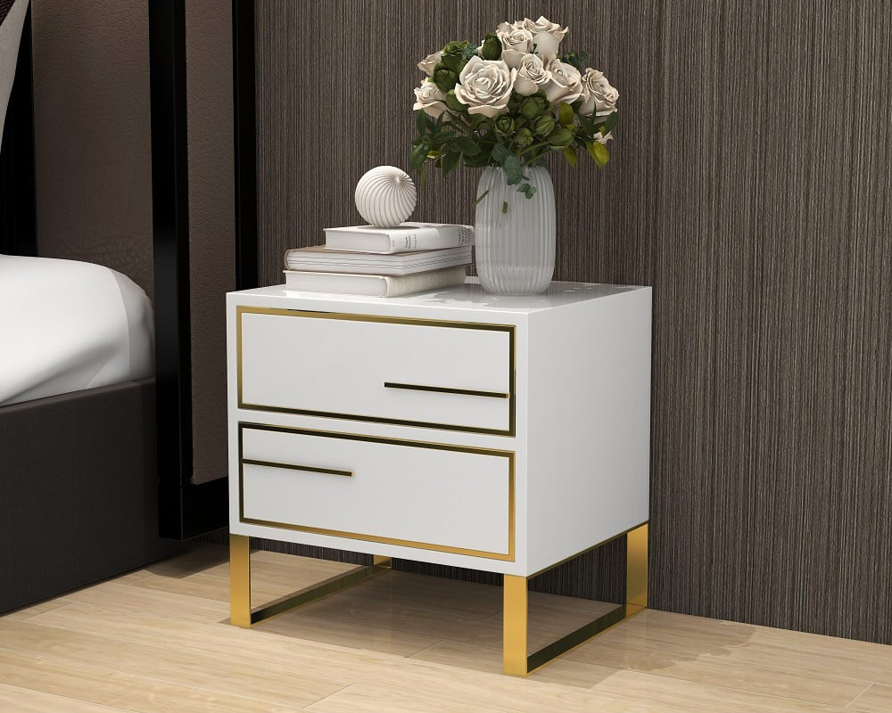 HMR - Lacquered 2-Drawer Nightstand with Golden Stainless Steel Legs in White