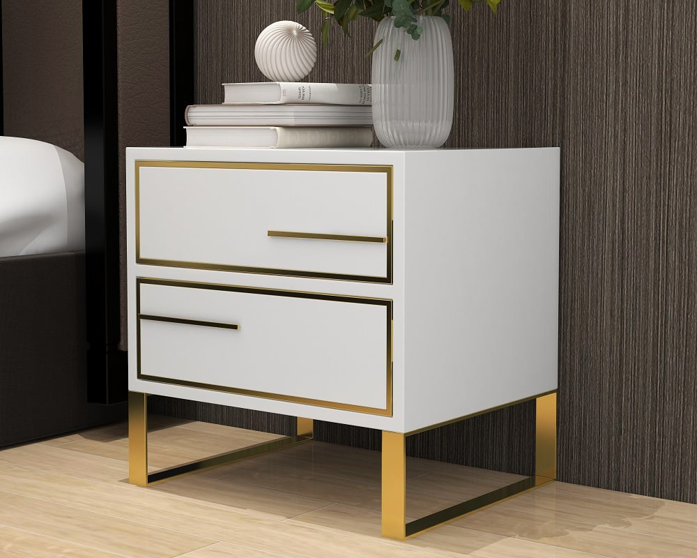 HMR - Lacquered 2-Drawer Nightstand with Golden Stainless Steel Legs in White