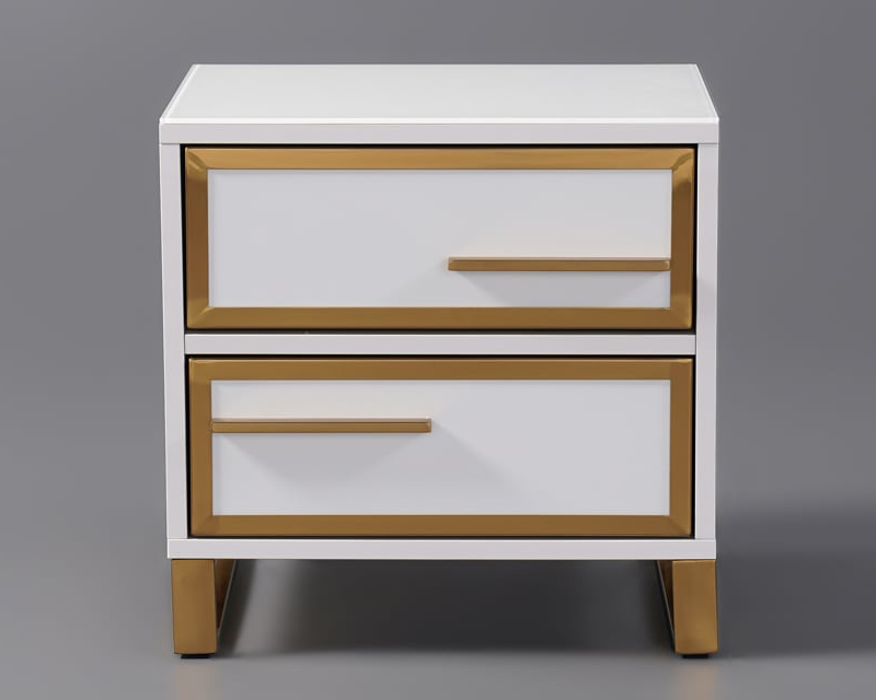 HMR - Lacquered 2-Drawer Nightstand with Golden Stainless Steel Legs in White