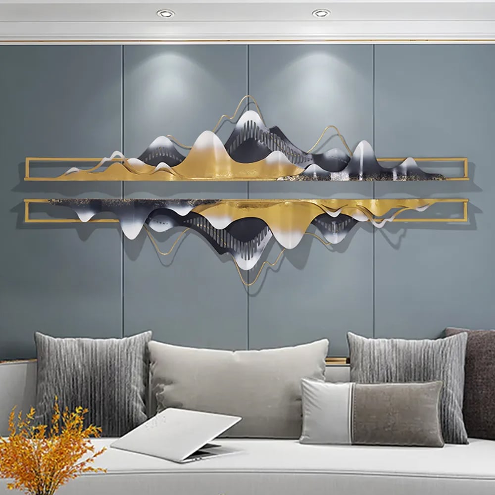 HMR - 2-Pieces Modern Mountain Novelty Metal Wall Decor Nature Art in Gold & Black