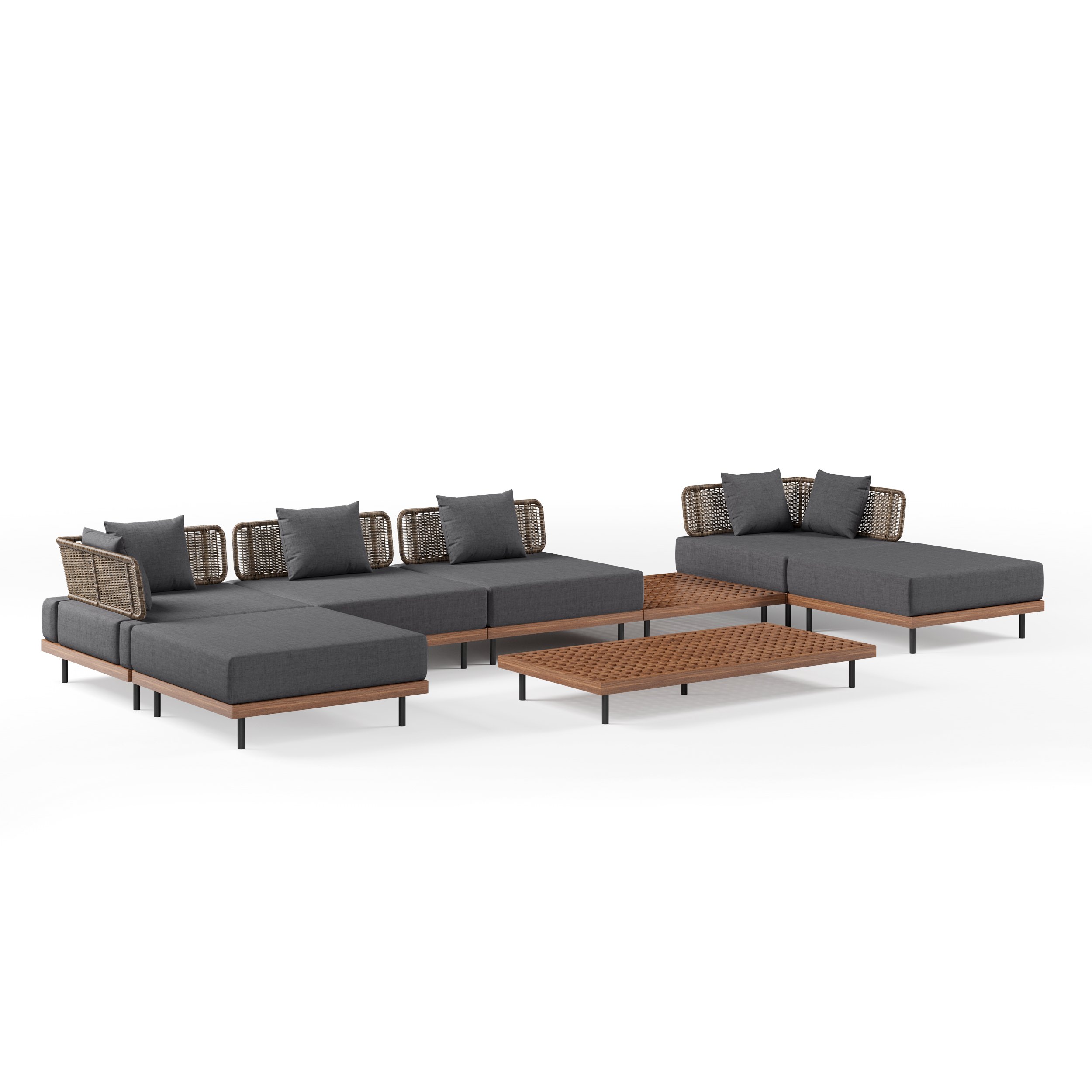 HMR - Teak Modular Outdoor & Patio Sectional Sofa Set with Coffee Table and Cushion (8-Pieces)