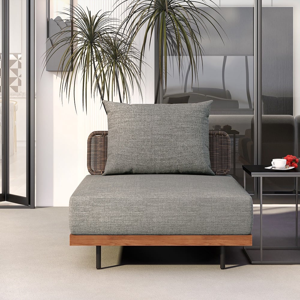 HMR - 37.4" Wide Modern Aluminum & Rattan Outdoor Sofa with Cushion in Gray & Brown