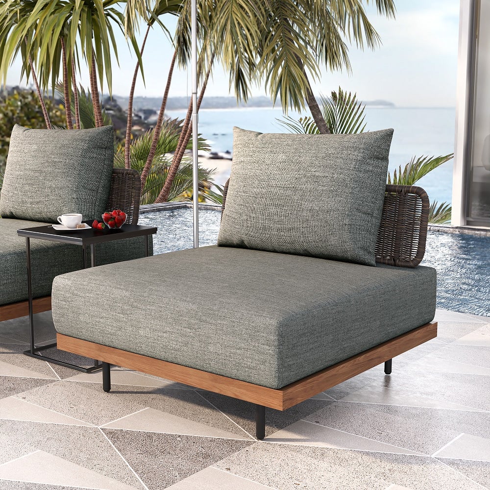 HMR - 37.4" Wide Modern Aluminum & Rattan Outdoor Sofa with Cushion in Gray & Brown