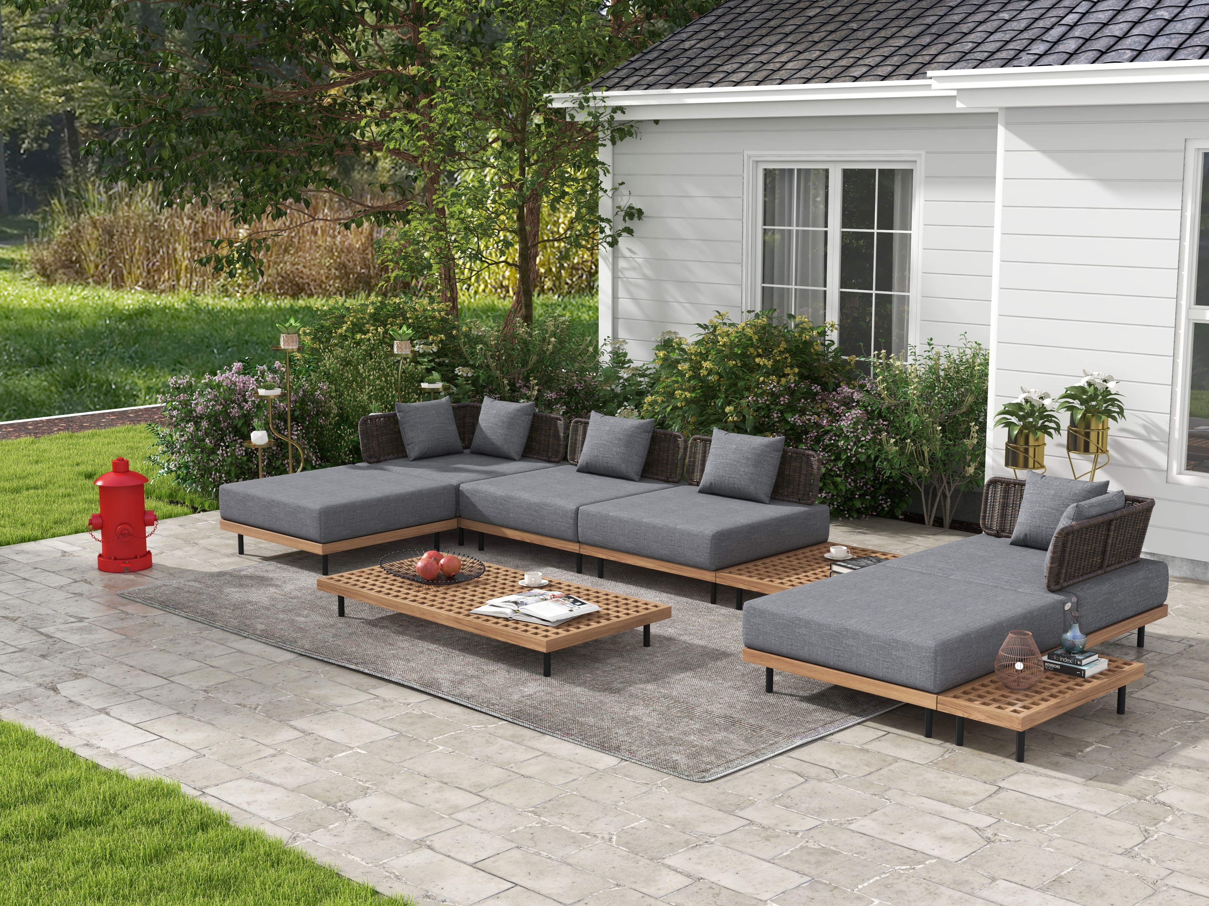 HMR - 37.4" Wide Modern Aluminum & Rattan Outdoor Sofa with Cushion in Gray & Brown