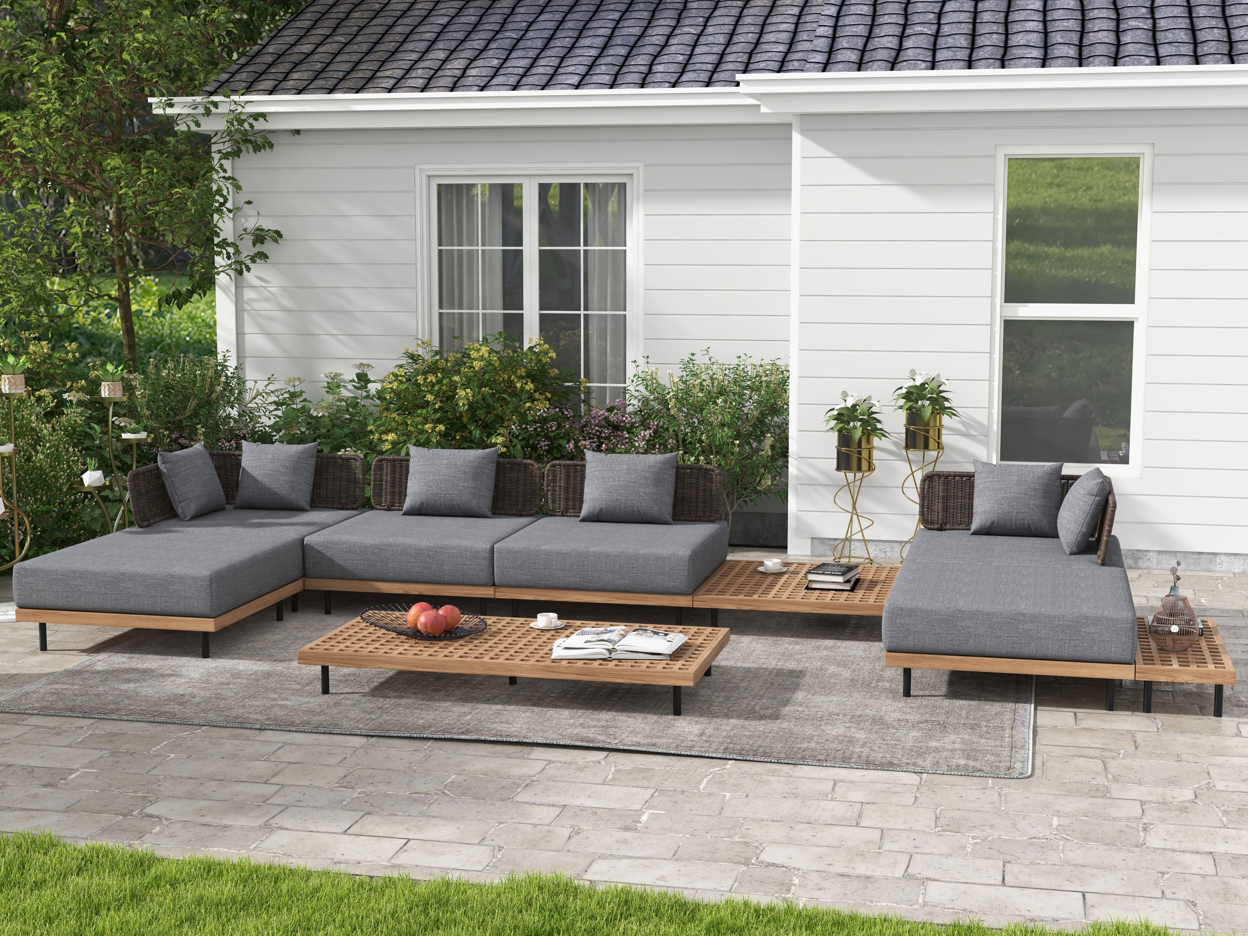 HMR - 37.4" Wide Modern Aluminum & Rattan Outdoor Sofa with Cushion in Gray & Brown