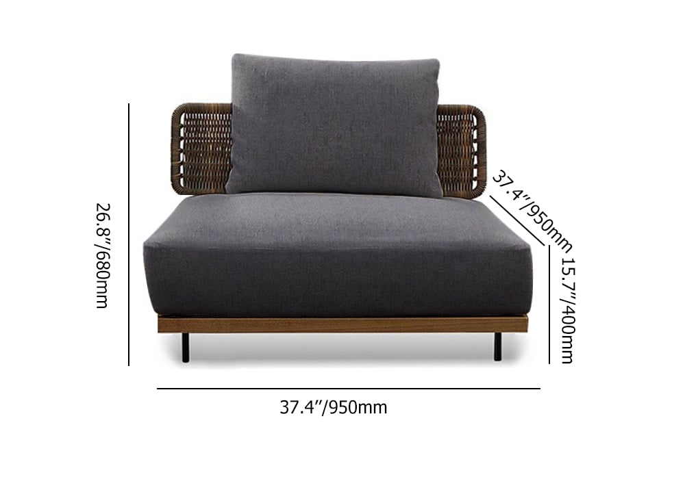 HMR - 37.4" Wide Modern Aluminum & Rattan Outdoor Sofa with Cushion in Gray & Brown