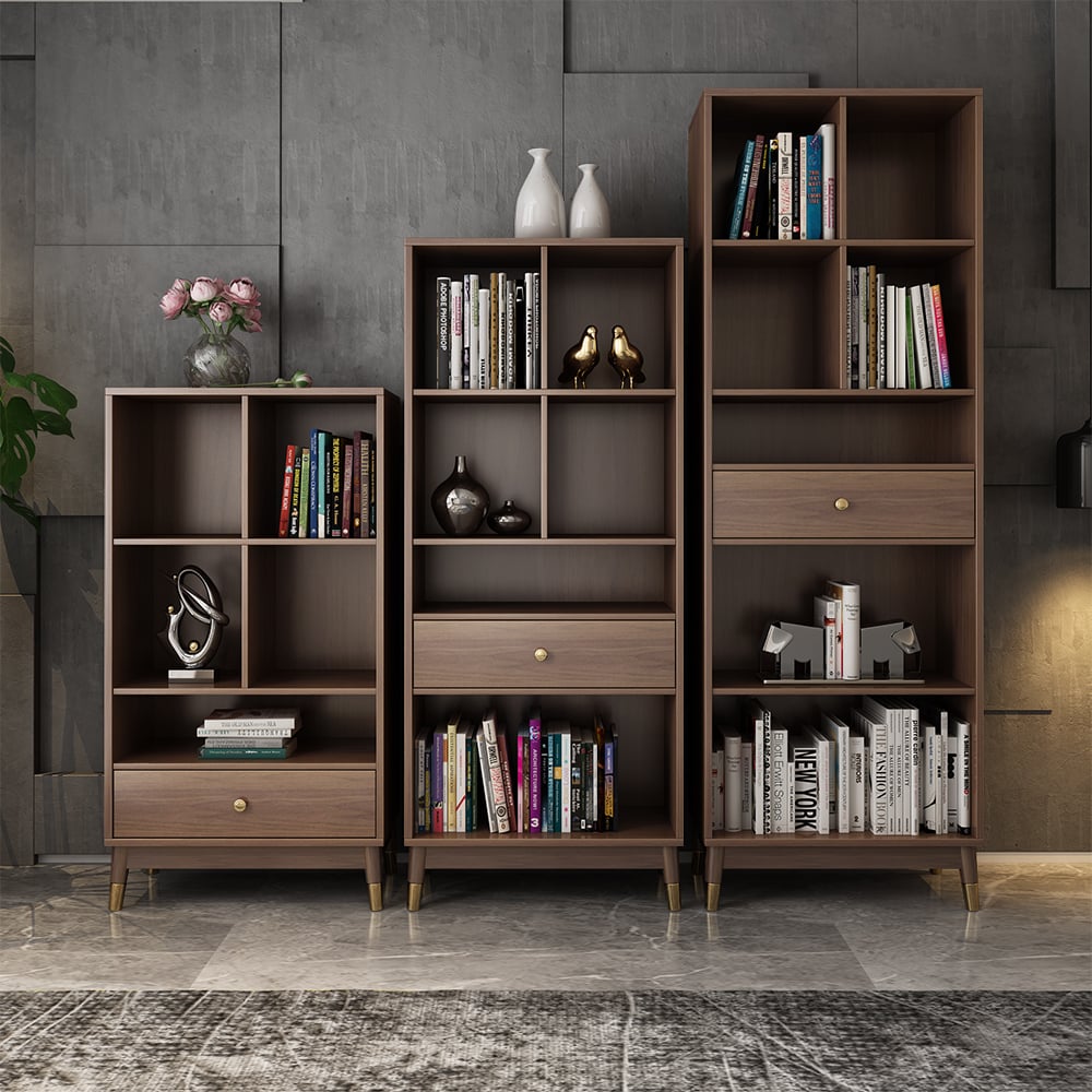 HMR Ultic Modern Walnut Bookshelf Bookcase with Metal Frame and Drawer - 78"