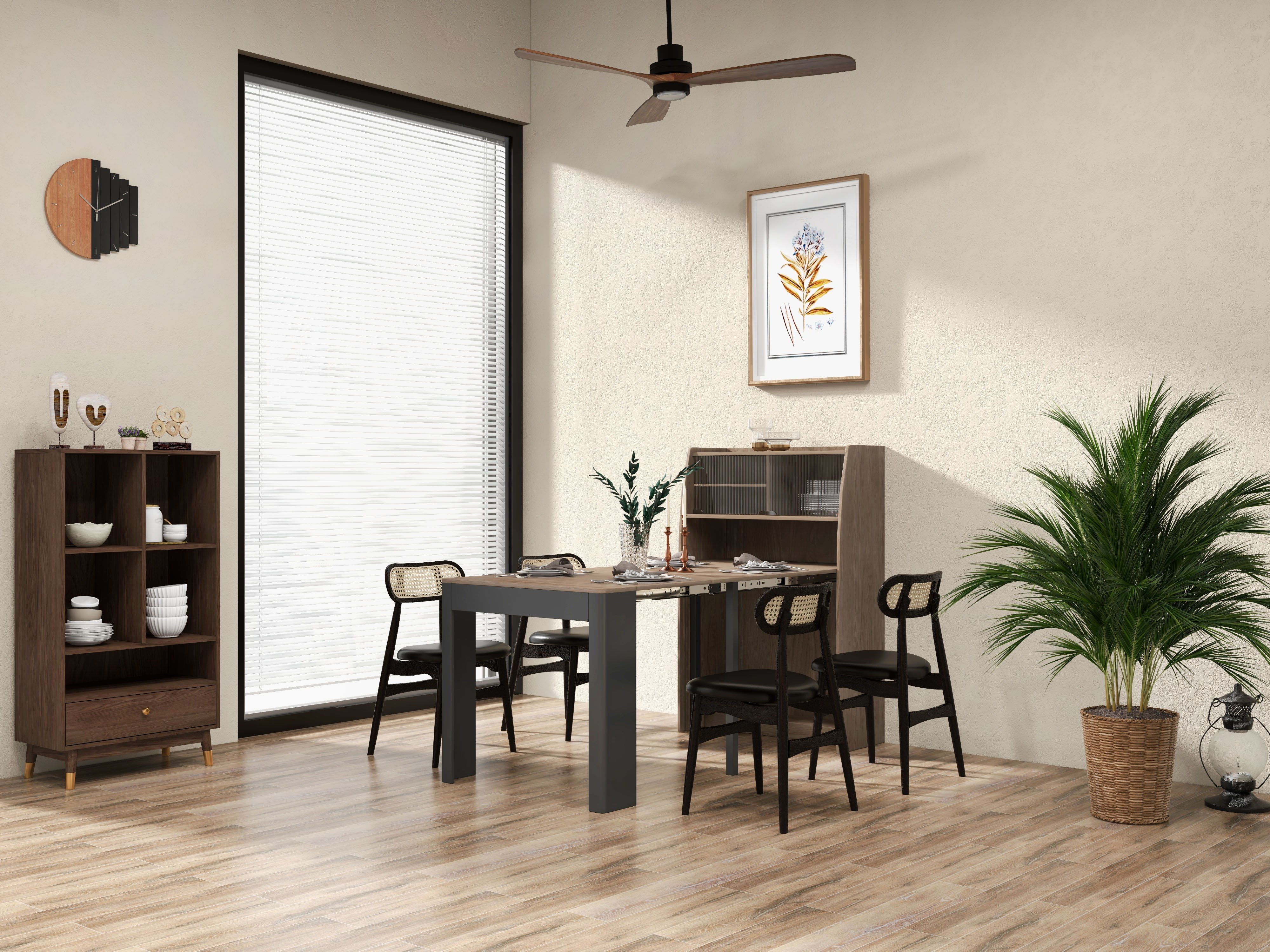 HMR Ultic Modern Walnut Bookshelf Bookcase with Metal Frame and Drawer - 78"