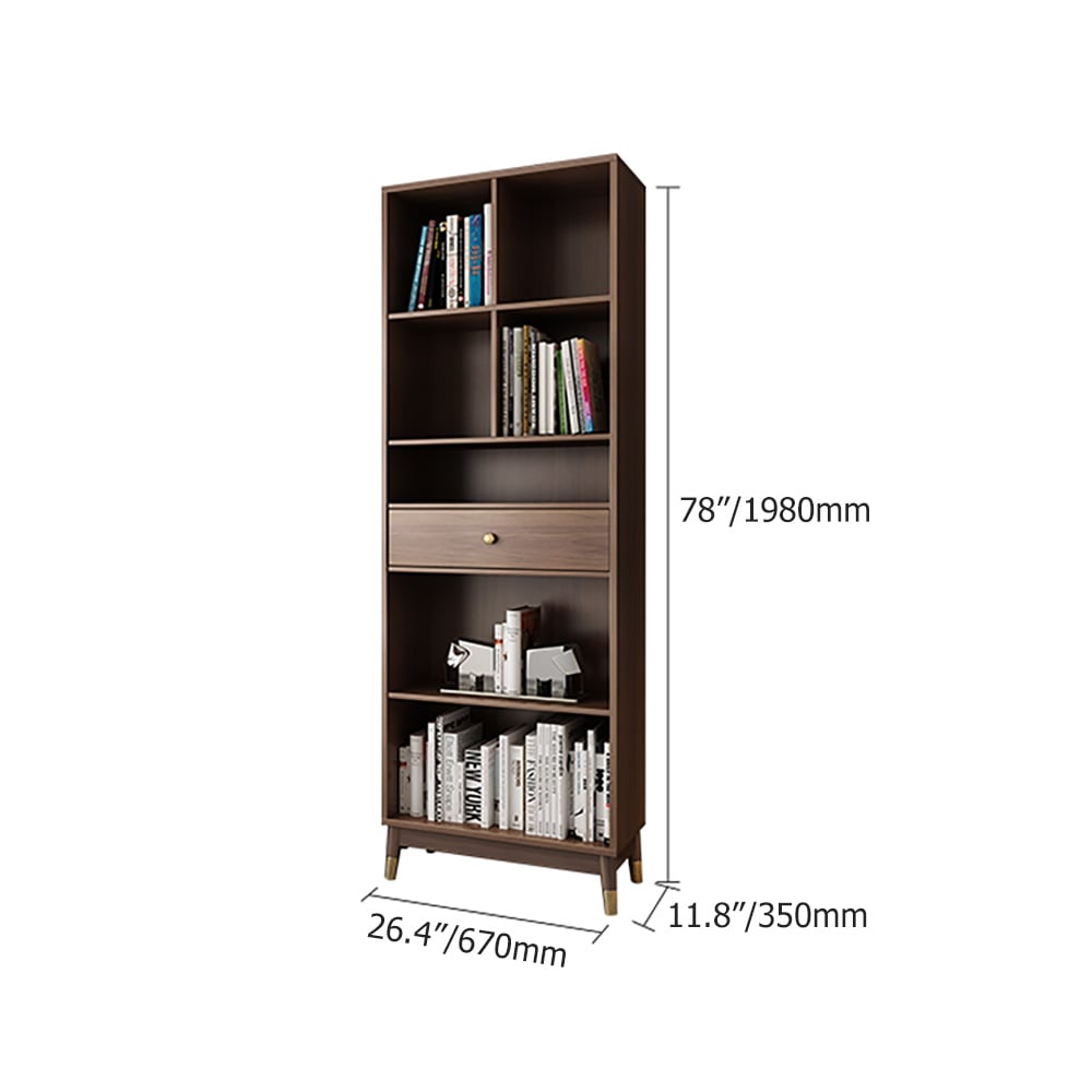 HMR Ultic Modern Walnut Bookshelf Bookcase with Metal Frame and Drawer - 78"