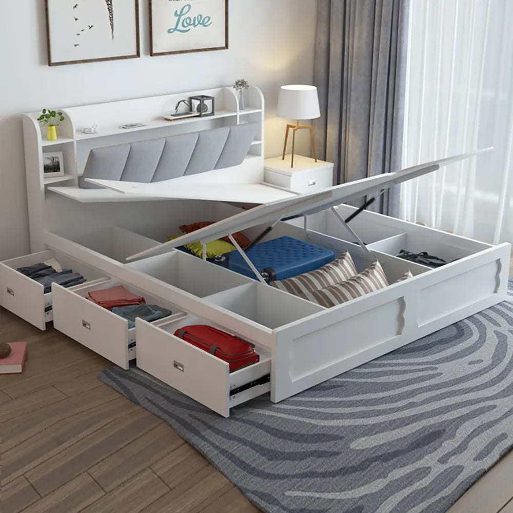 HMR - Modern White Storage Queen Bed Low Profile Queen Bed with 3 Drawers