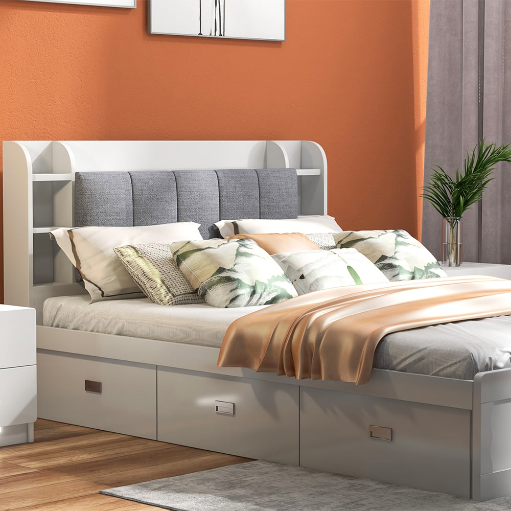 HMR - Modern White Storage Queen Bed Low Profile Queen Bed with 3 Drawers