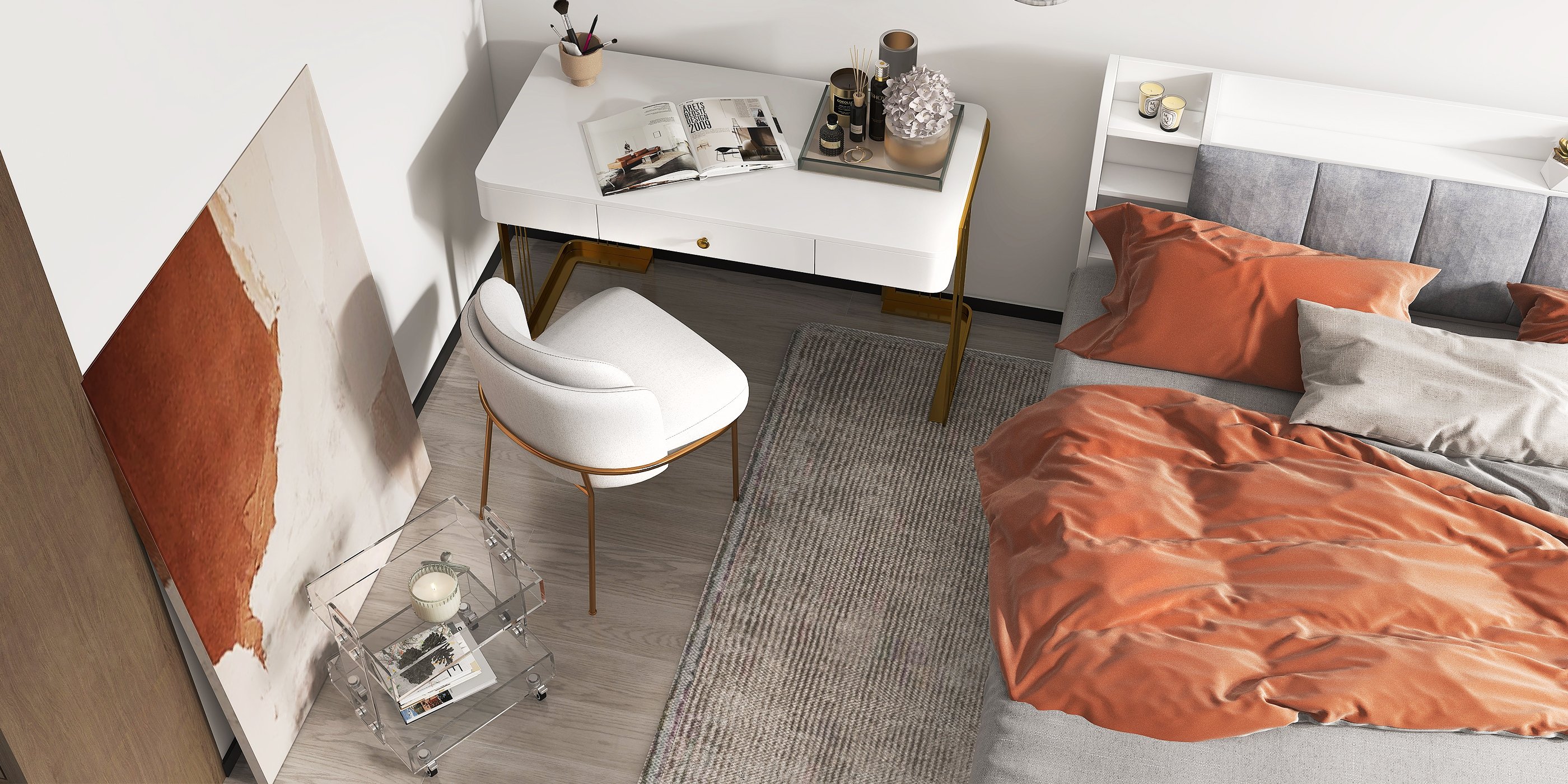 HMR - Modern White Storage Queen Bed Low Profile Queen Bed with 3 Drawers