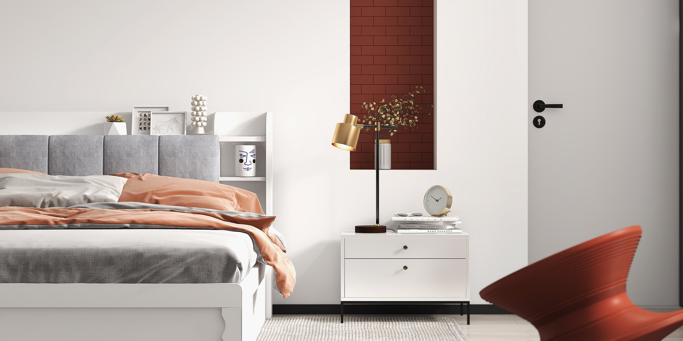 HMR - Modern White Storage Queen Bed Low Profile Queen Bed with 3 Drawers