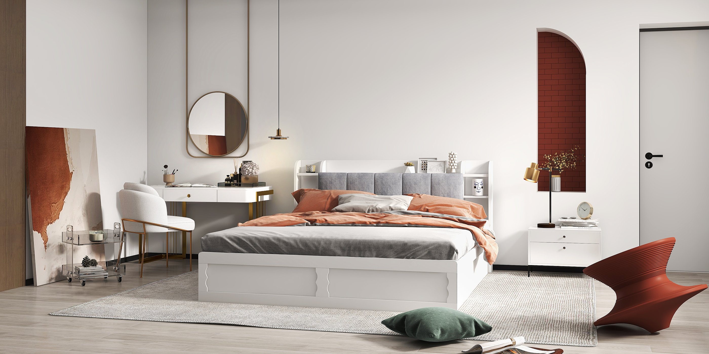 HMR - Modern White Storage Queen Bed Low Profile Queen Bed with 3 Drawers