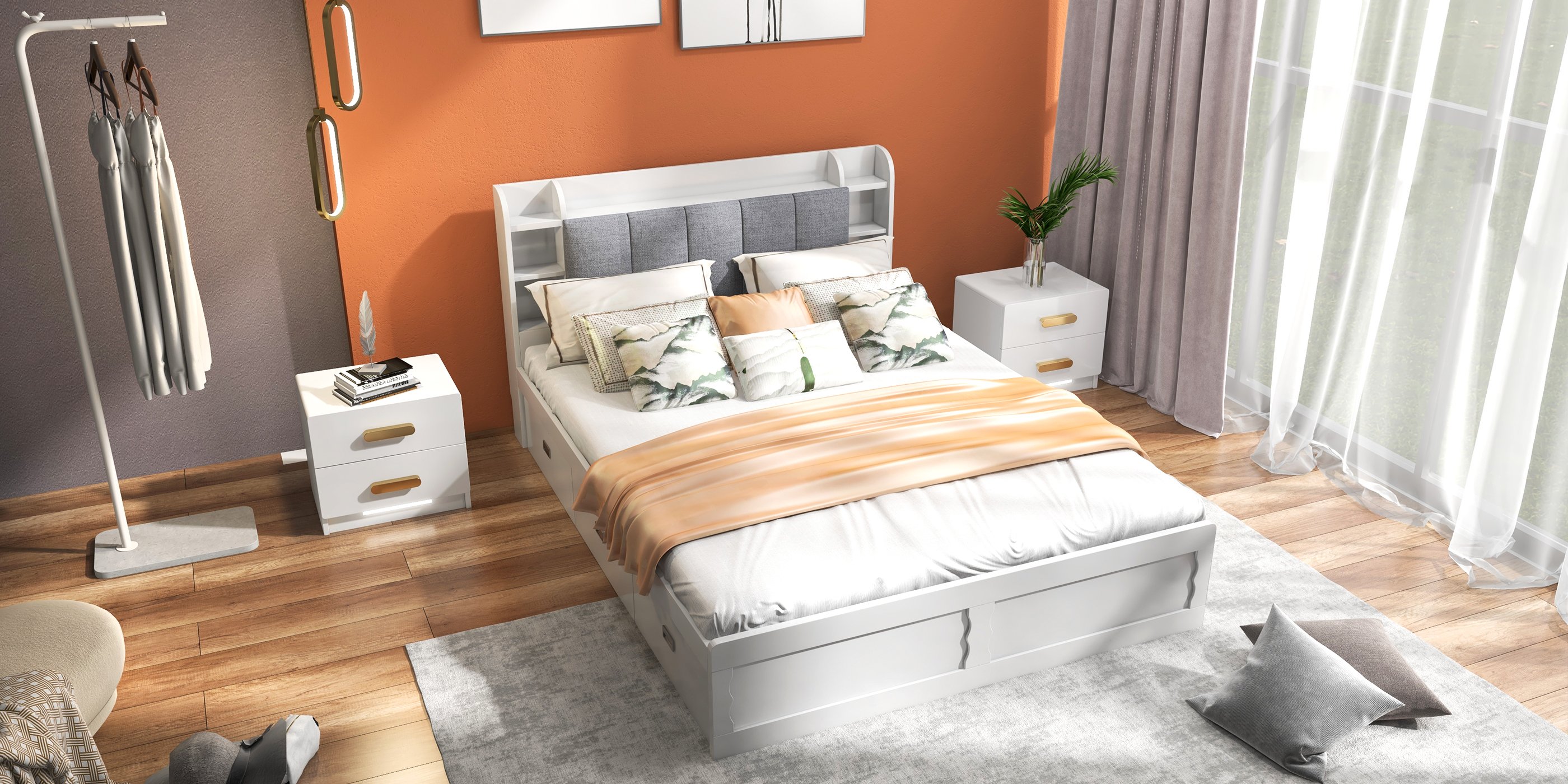 HMR - Modern White Storage Queen Bed Low Profile Queen Bed with 3 Drawers