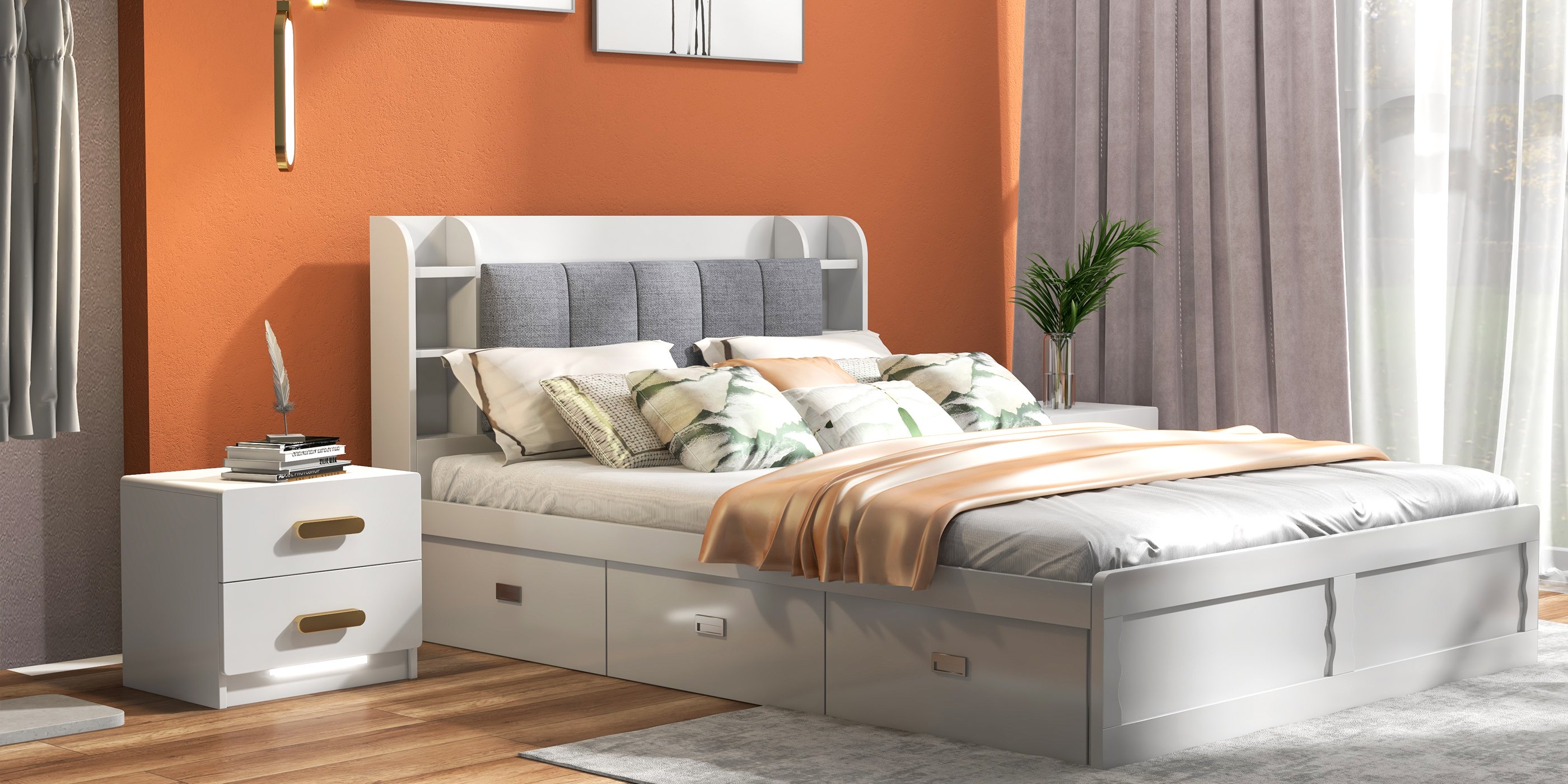 HMR - Modern White Storage Queen Bed Low Profile Queen Bed with 3 Drawers