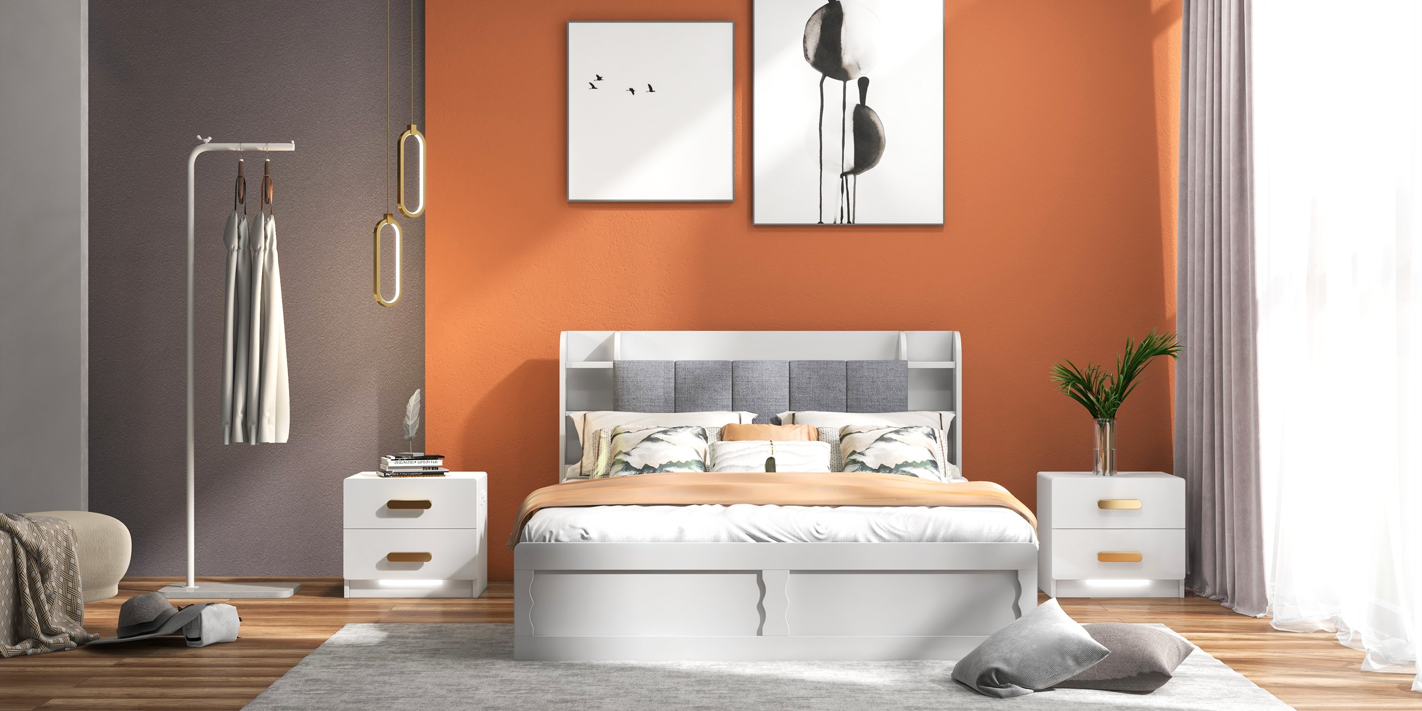 HMR - Modern White Storage Queen Bed Low Profile Queen Bed with 3 Drawers
