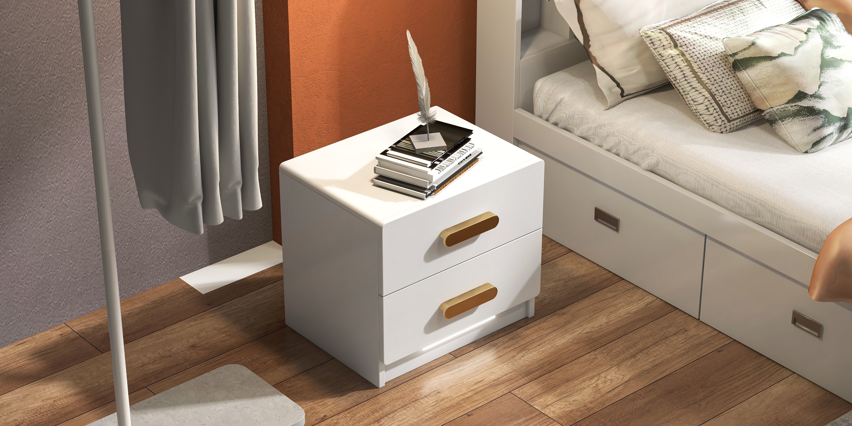 HMR - Modern White Storage Queen Bed Low Profile Queen Bed with 3 Drawers