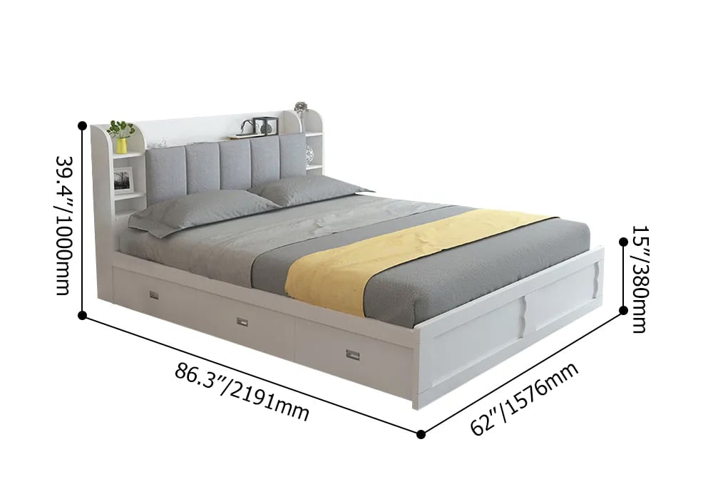 HMR - Modern White Storage Queen Bed Low Profile Queen Bed with 3 Drawers