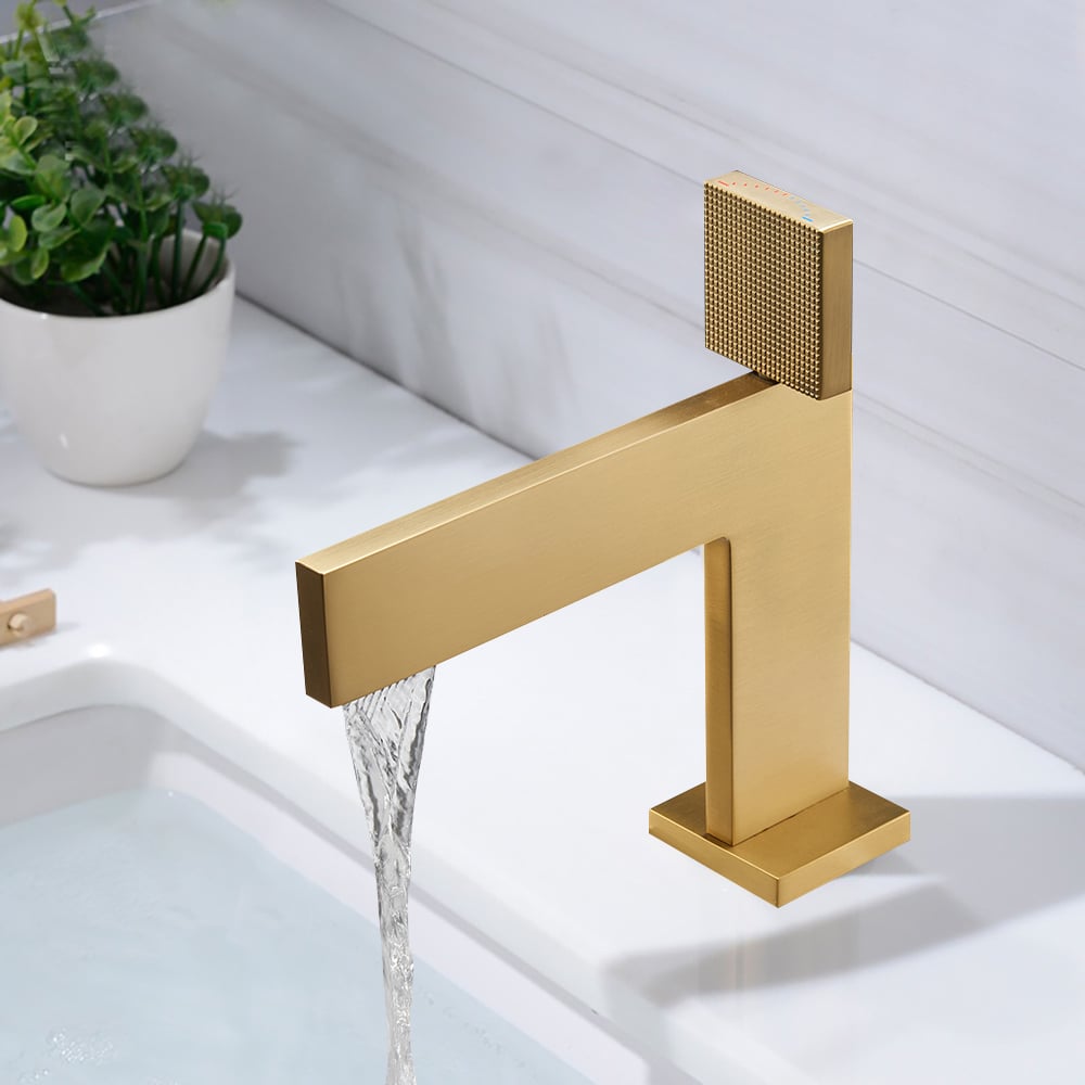 HMR - Brushed Gold Modern Bathroom Sink Faucet Single Handle 1-Hole Solid Brass