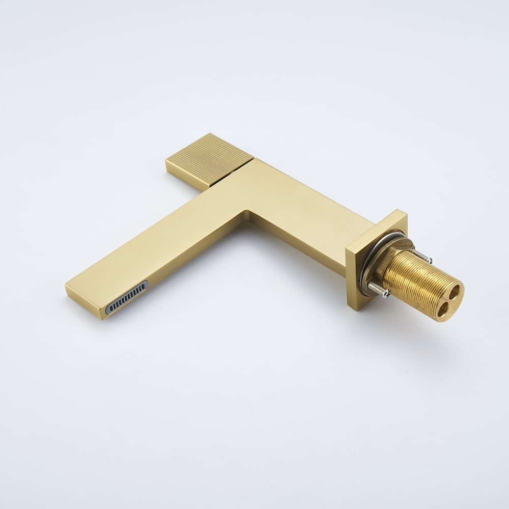 HMR - Brushed Gold Modern Bathroom Sink Faucet Single Handle 1-Hole Solid Brass