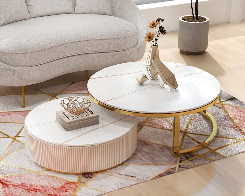 HMR Round 2-Piece Sintered Stone Top Nesting Coffee Table with Drawer - White/Gold