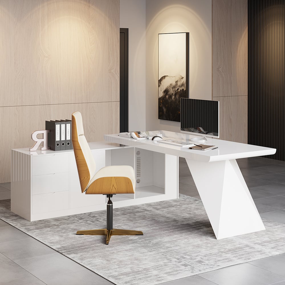 HMR Modern Large L-Shape Executive Desk with Drawers & Cabinet - White, Left Hand, 70.9"