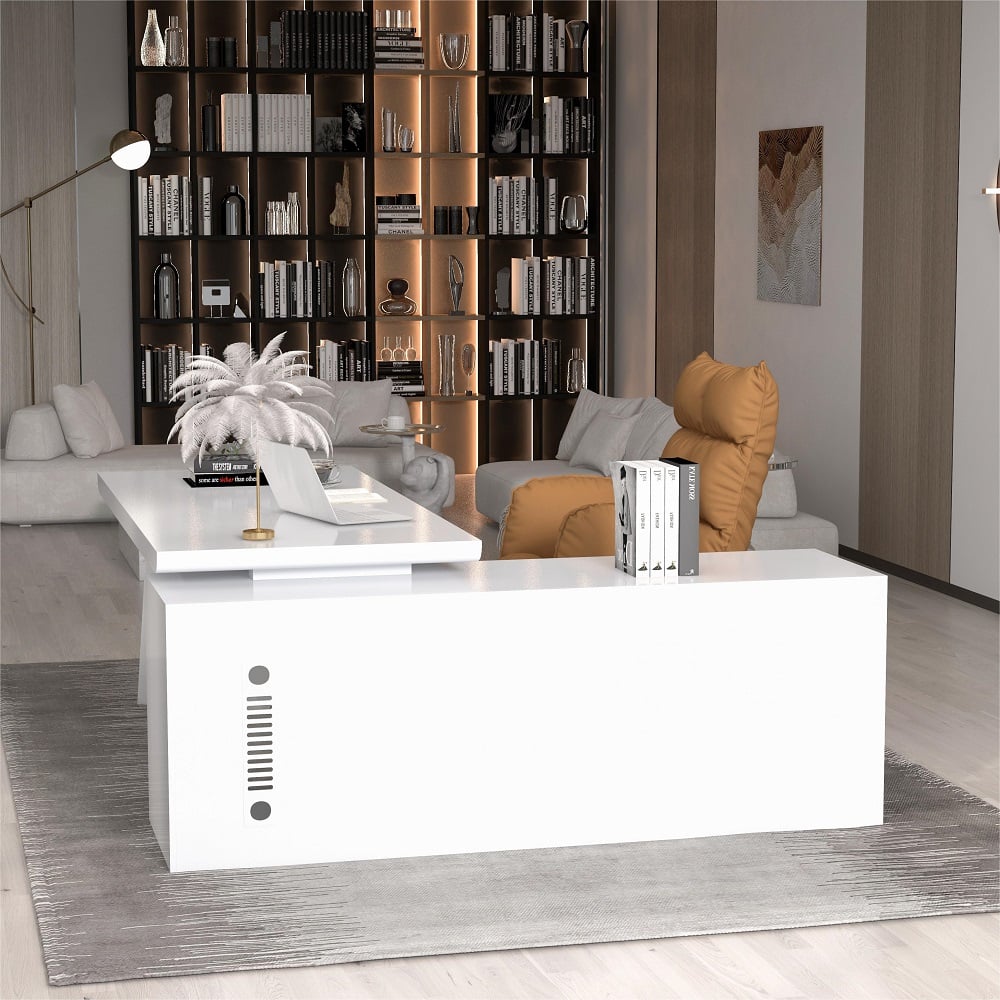 HMR Modern Large L-Shape Executive Desk with Drawers & Cabinet - White, Left Hand, 70.9"