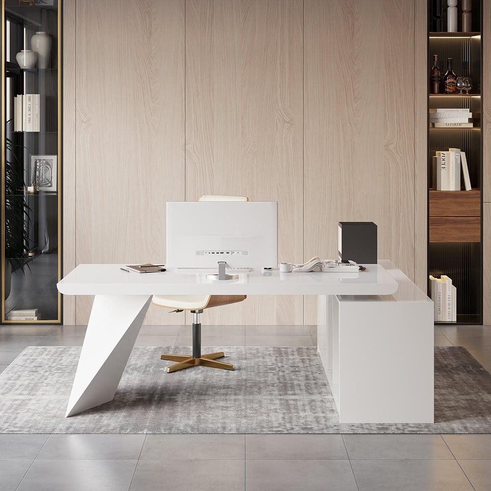 HMR Modern Large L-Shape Executive Desk with Drawers & Cabinet - White, Left Hand, 70.9"
