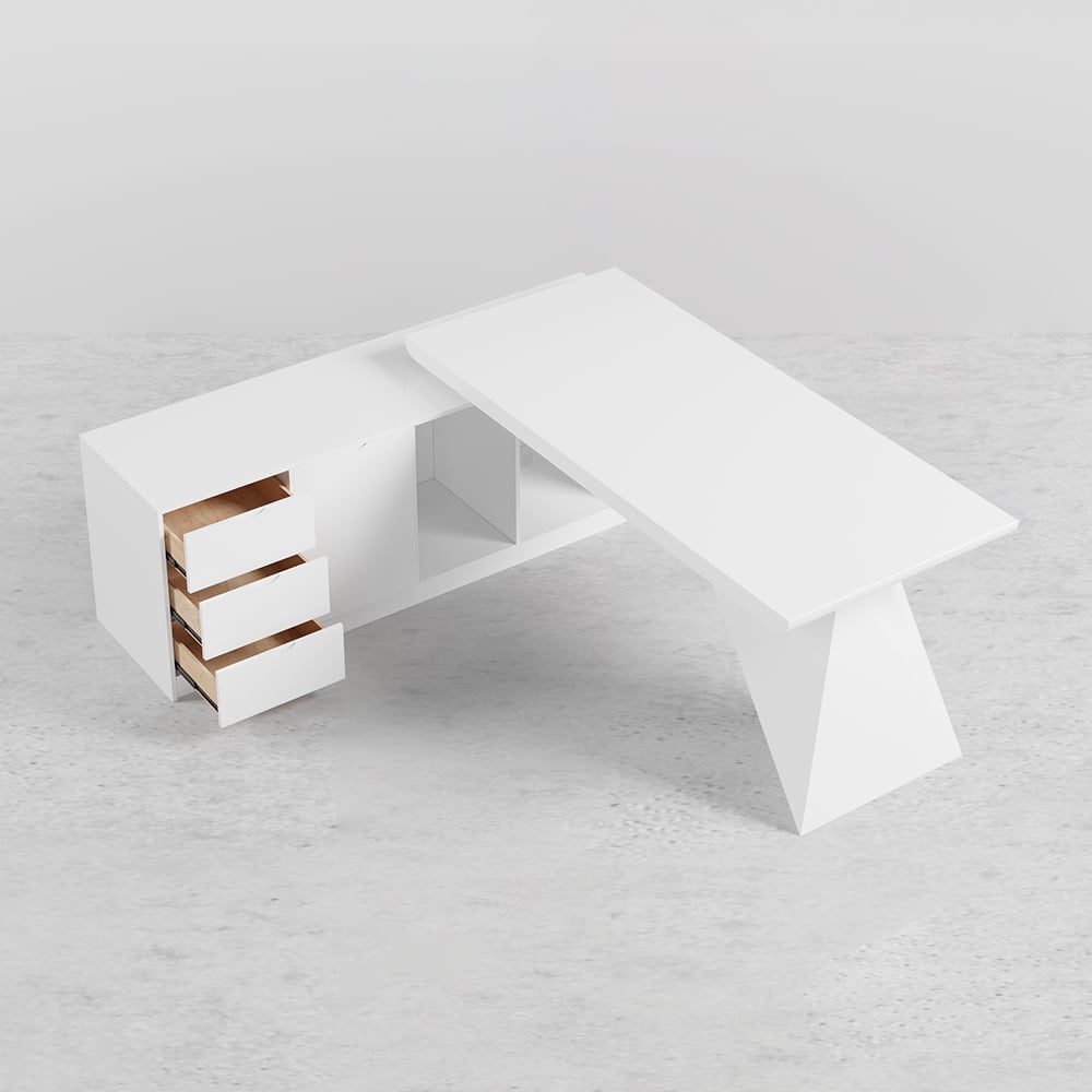 HMR Modern Large L-Shape Executive Desk with Drawers & Cabinet - White, Left Hand, 70.9"