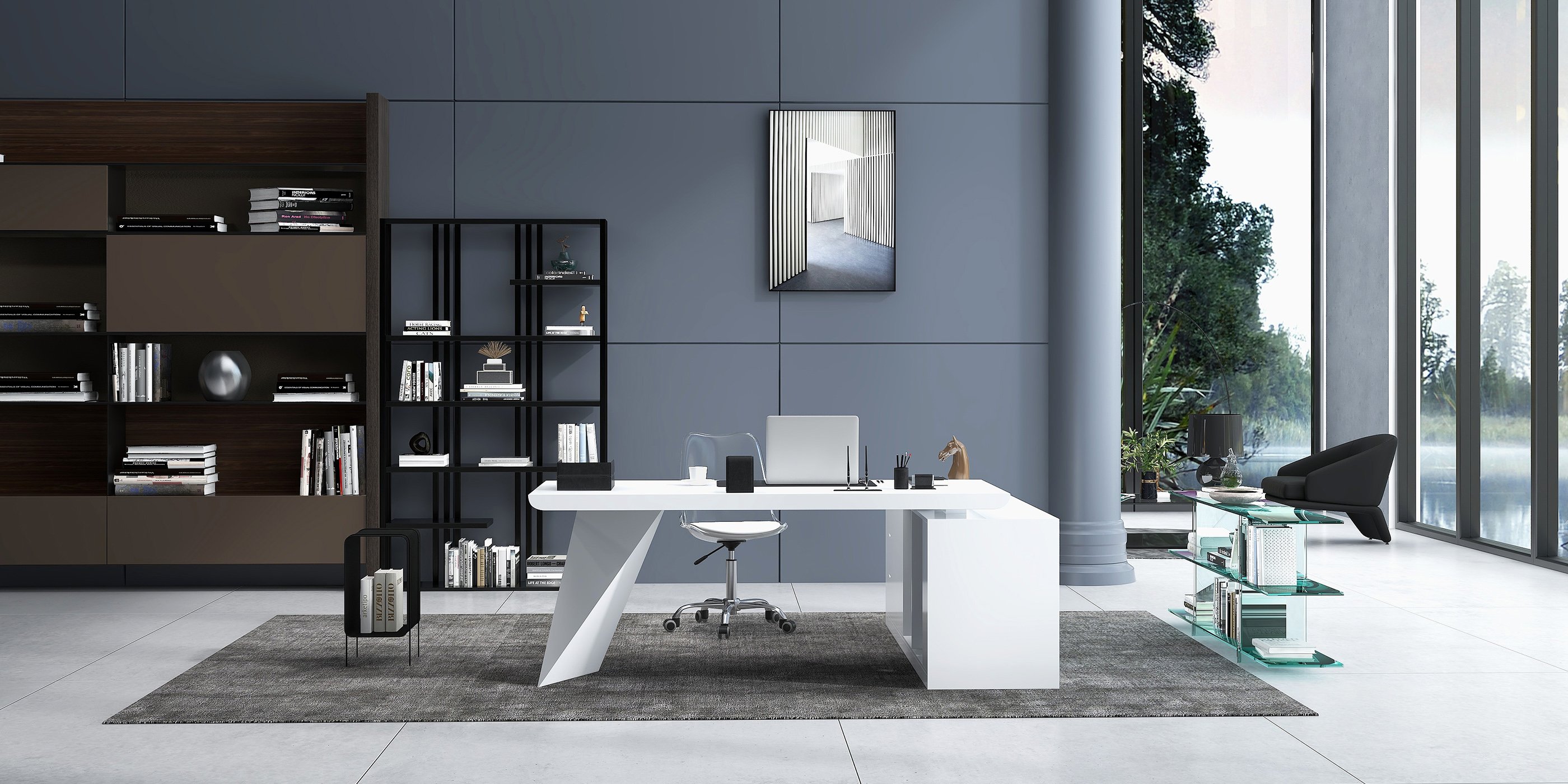 HMR Modern Large L-Shape Executive Desk with Drawers & Cabinet - White, Left Hand, 70.9"