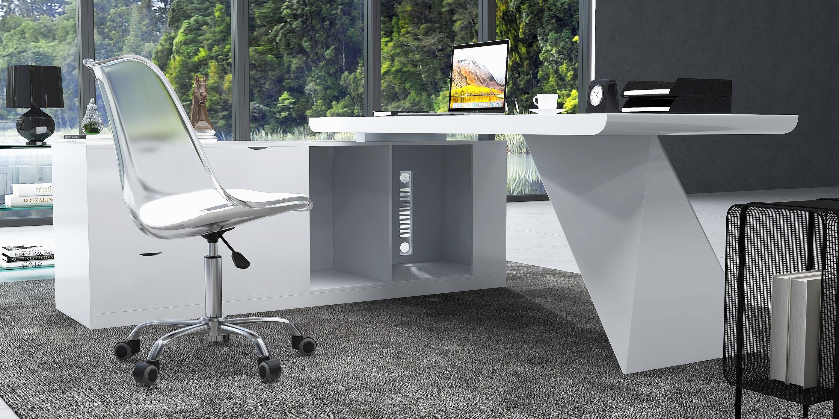 HMR Modern Large L-Shape Executive Desk with Drawers & Cabinet - White, Left Hand, 70.9"