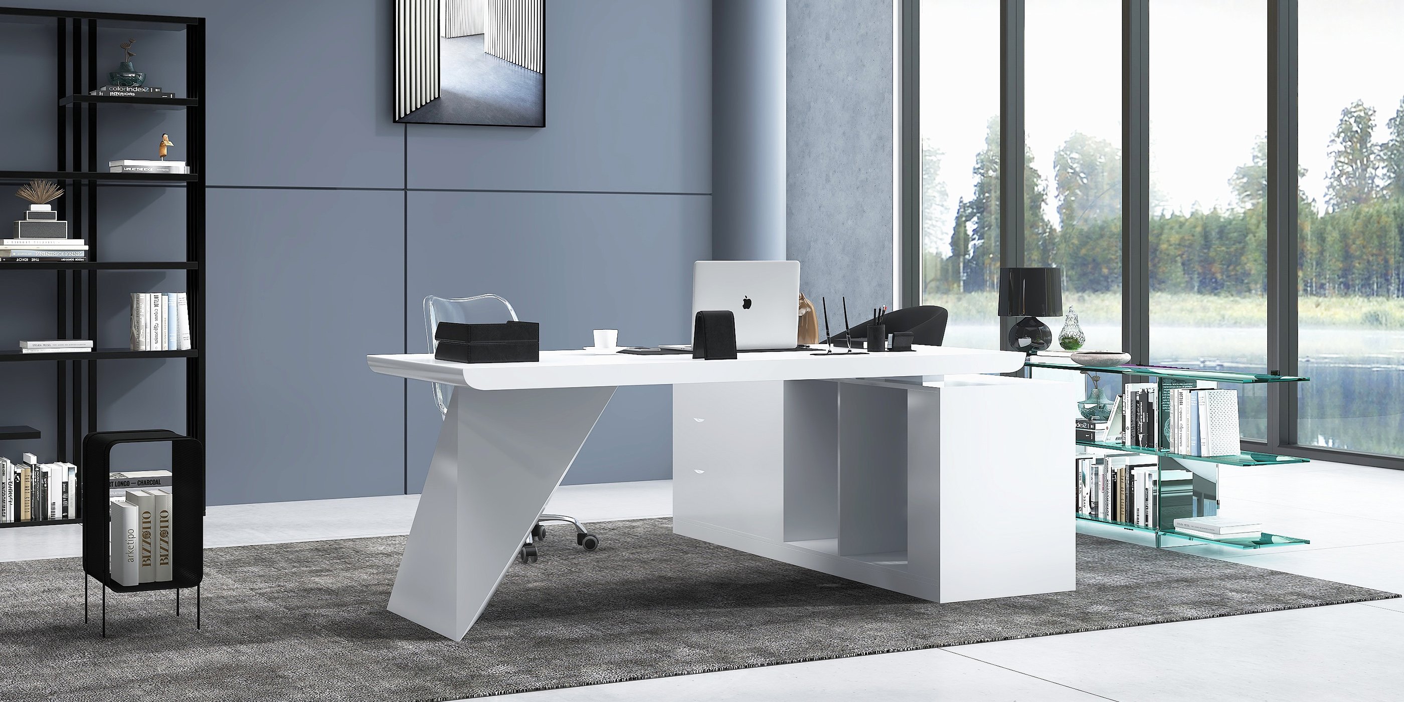 HMR Modern Large L-Shape Executive Desk with Drawers & Cabinet - White, Left Hand, 70.9"