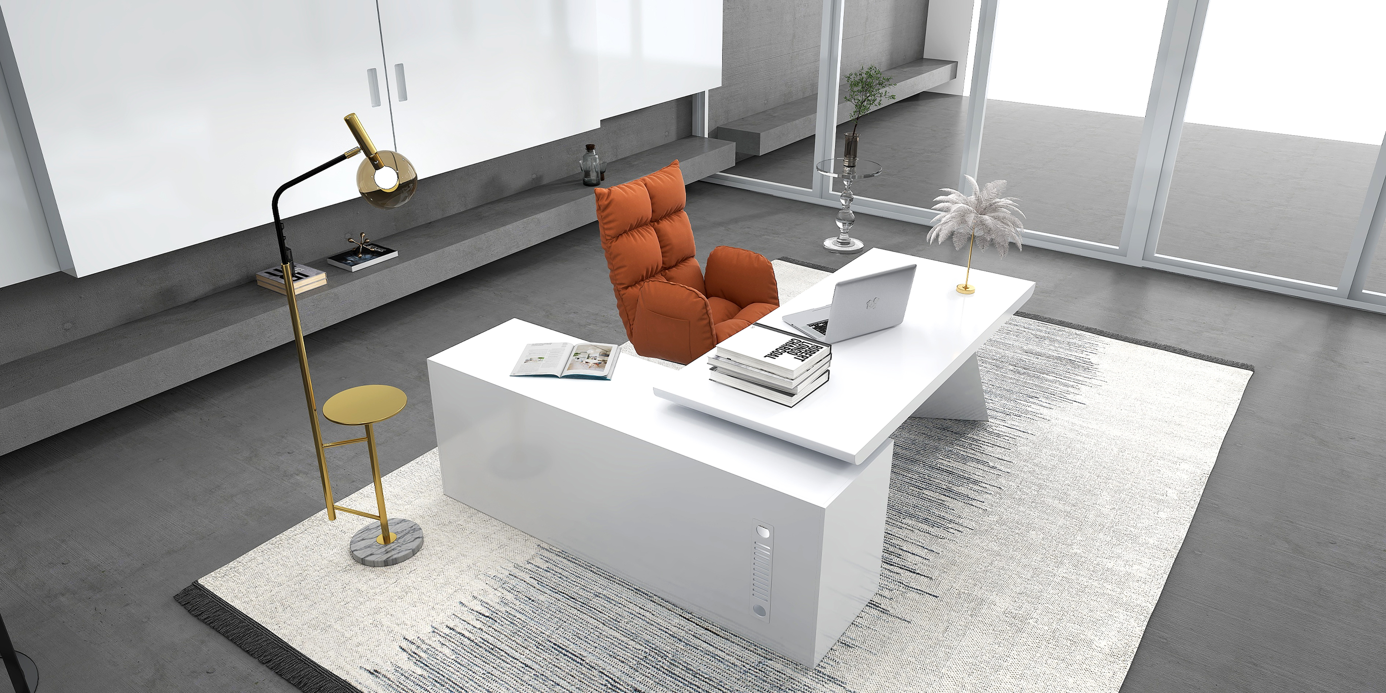 HMR Modern Large L-Shape Executive Desk with Drawers & Cabinet - White, Right Hand, 78.7"
