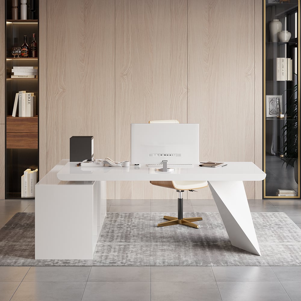 HMR Modern Large L-Shape Executive Desk with Drawers & Cabinet - White, Right Hand, 70.9"