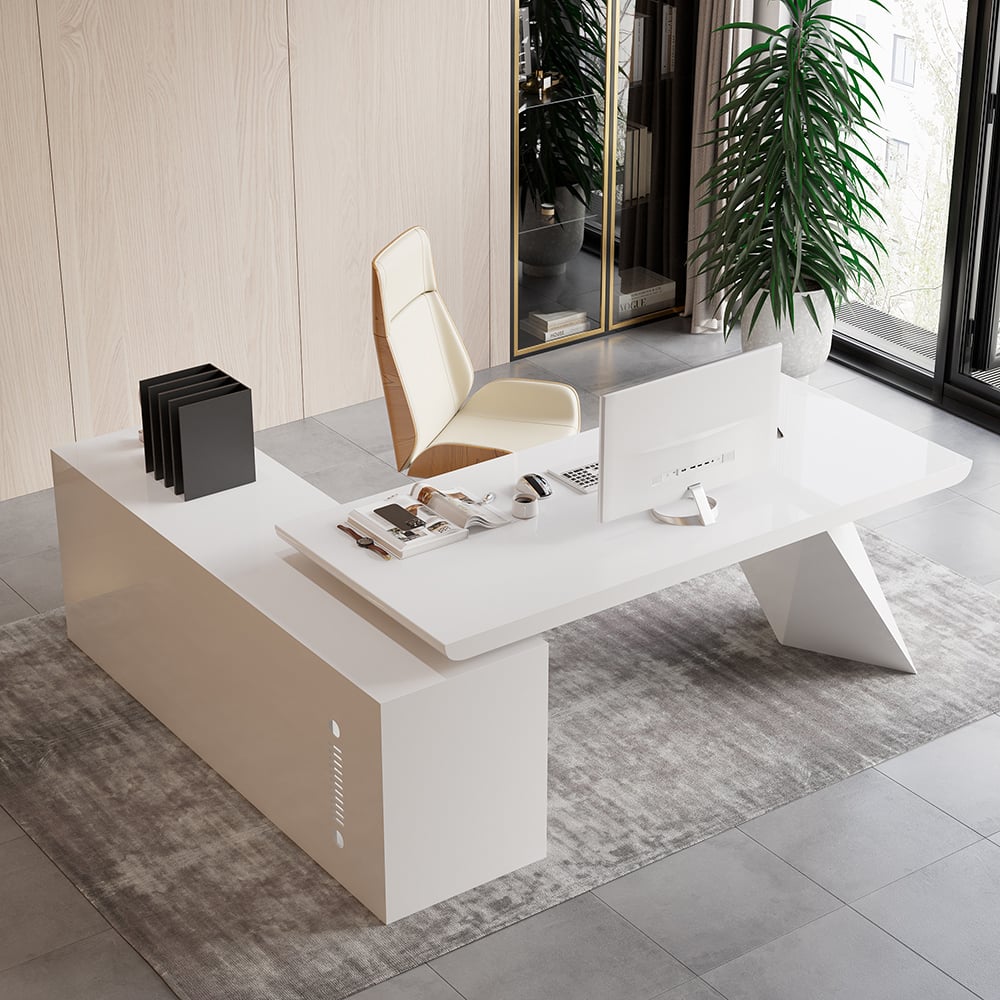 HMR Modern Large L-Shape Executive Desk with Drawers & Cabinet - White, Right Hand, 70.9"