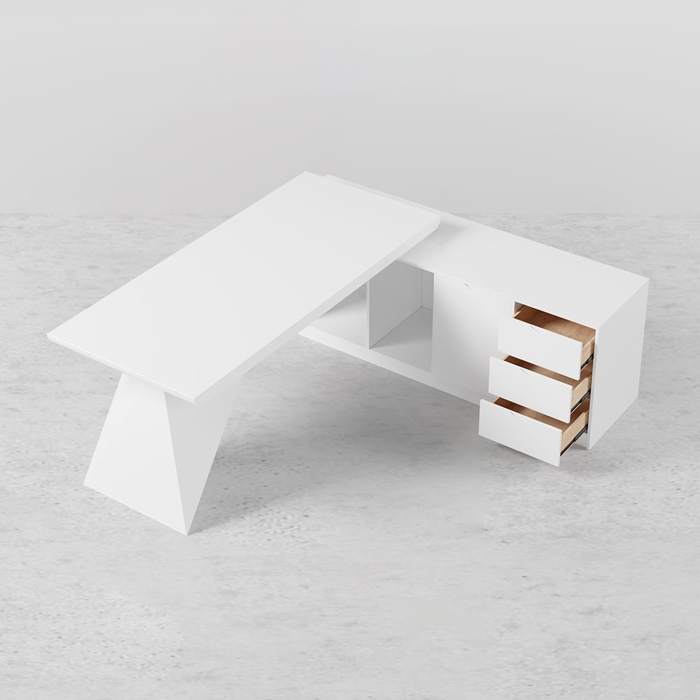 HMR Modern Large L-Shape Executive Desk with Drawers & Cabinet - White, Right Hand, 70.9"