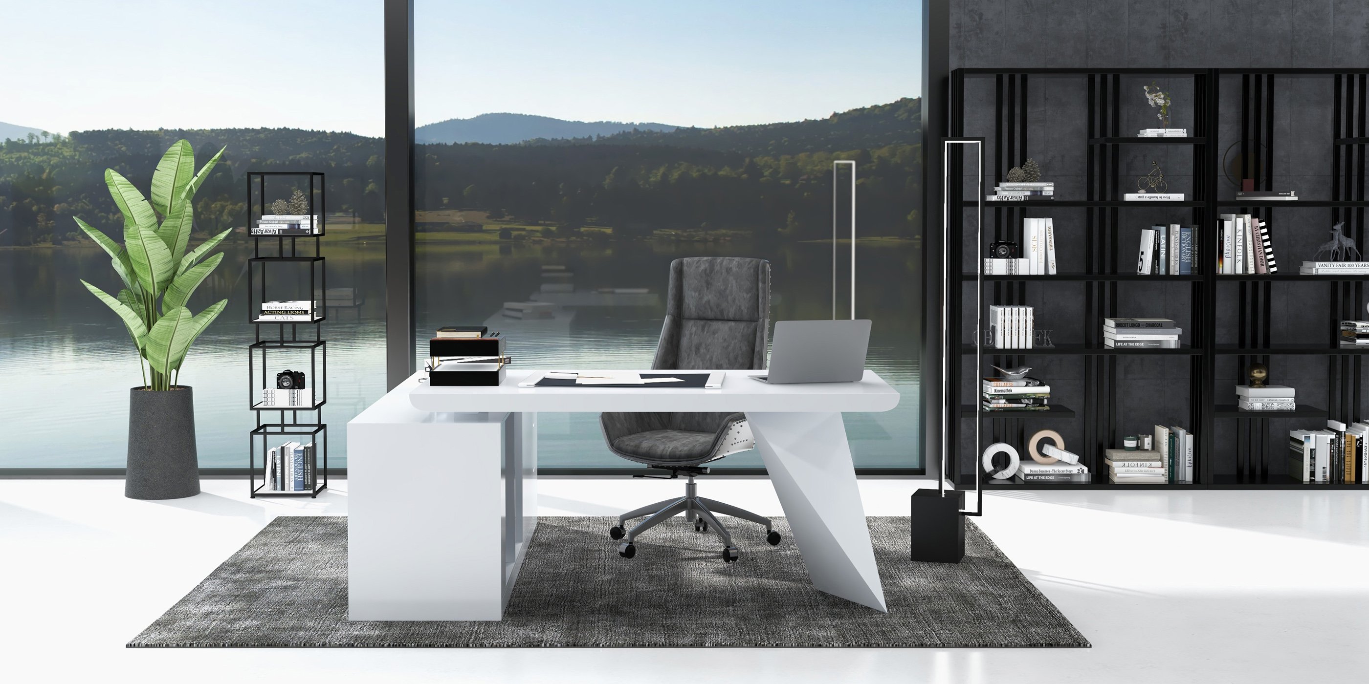 HMR Modern Large L-Shape Executive Desk with Drawers & Cabinet - White, Right Hand, 70.9"