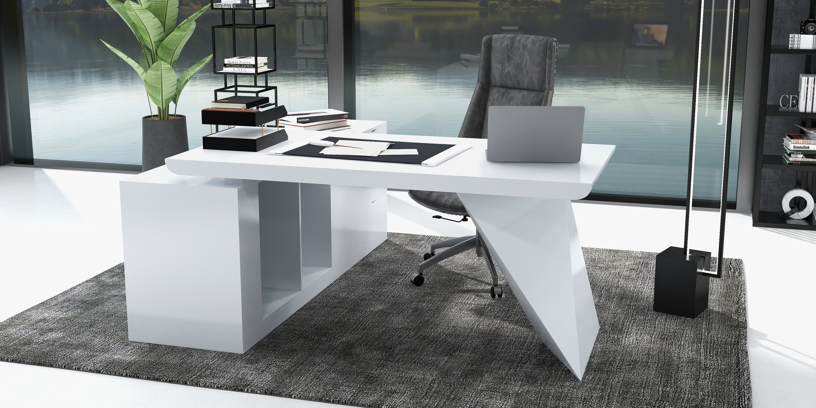 HMR Modern Large L-Shape Executive Desk with Drawers & Cabinet - White, Right Hand, 70.9"